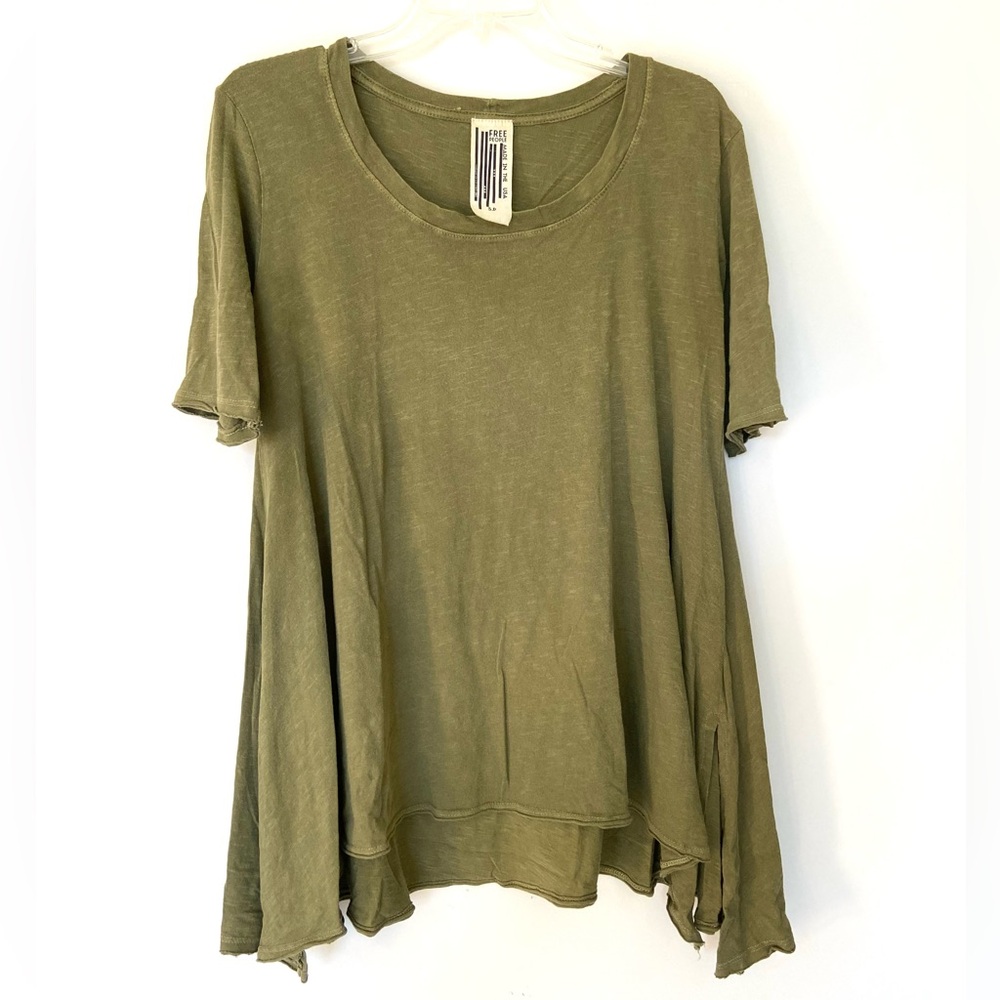 Free People Olive Green Lagenlook Short Sleeve Asymmetrical Hem Tee Size S